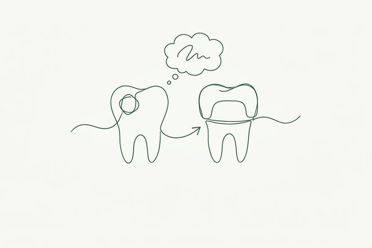 Un dente disegnato come una scatola aperta, e la corona che scende a coprirlo